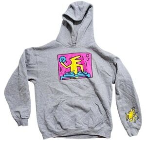 Keith Haring DJ Dog Graphic Hoodie Mens Medium Gray Pop Art Sweatshirt RN110927*
